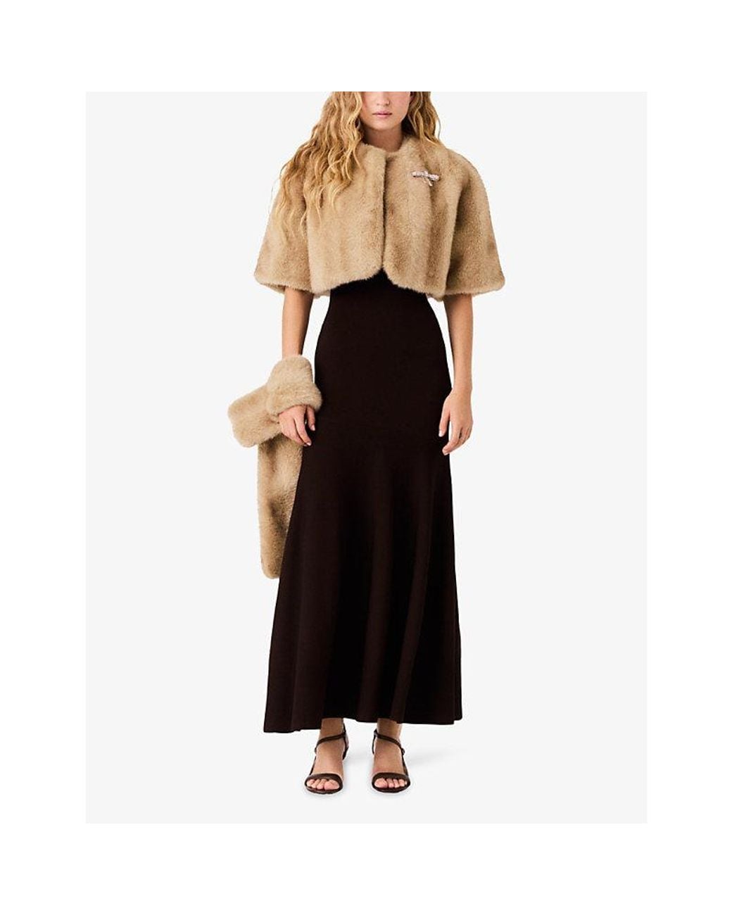 Maje Natural Short Brooch-Embellished Faux-Fur Jacket