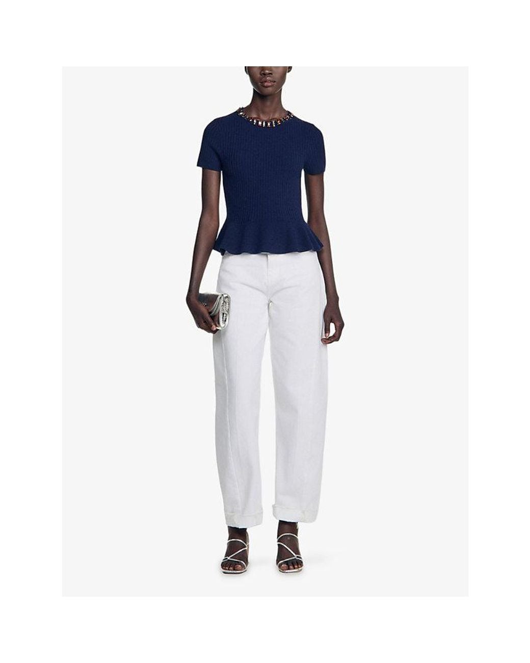 Sandro Blue Embellished-Trim Peplum-Hem Wool-Blend Jumper