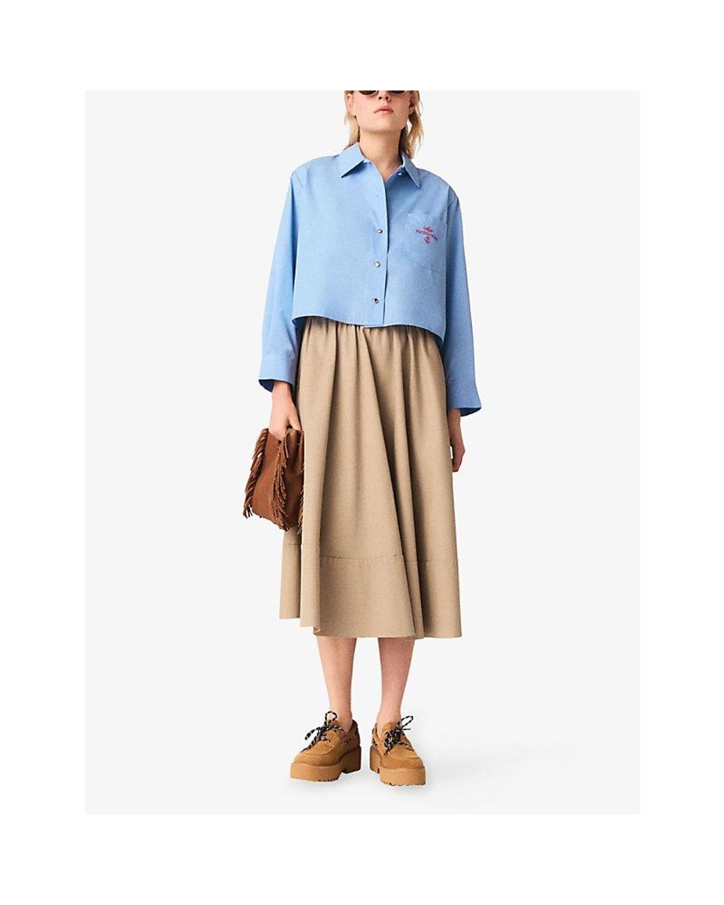 Maje Blue Logo-Embroidered Pleated-Back Woven Shirt