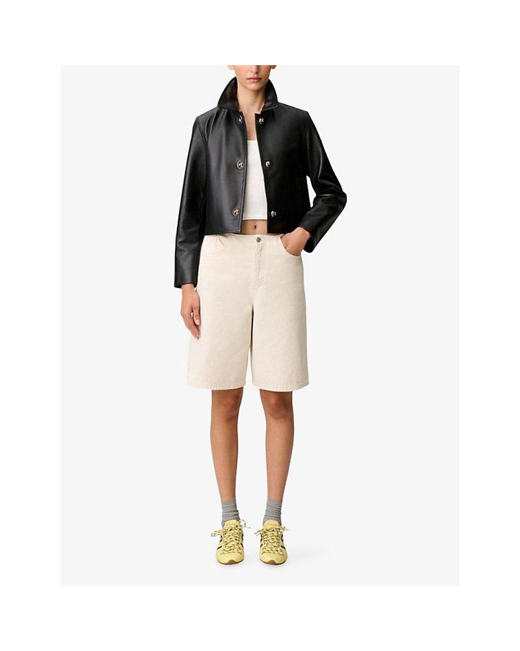 Claudie Pierlot Black Clasp-Front Side-Pocket Leather Jacket