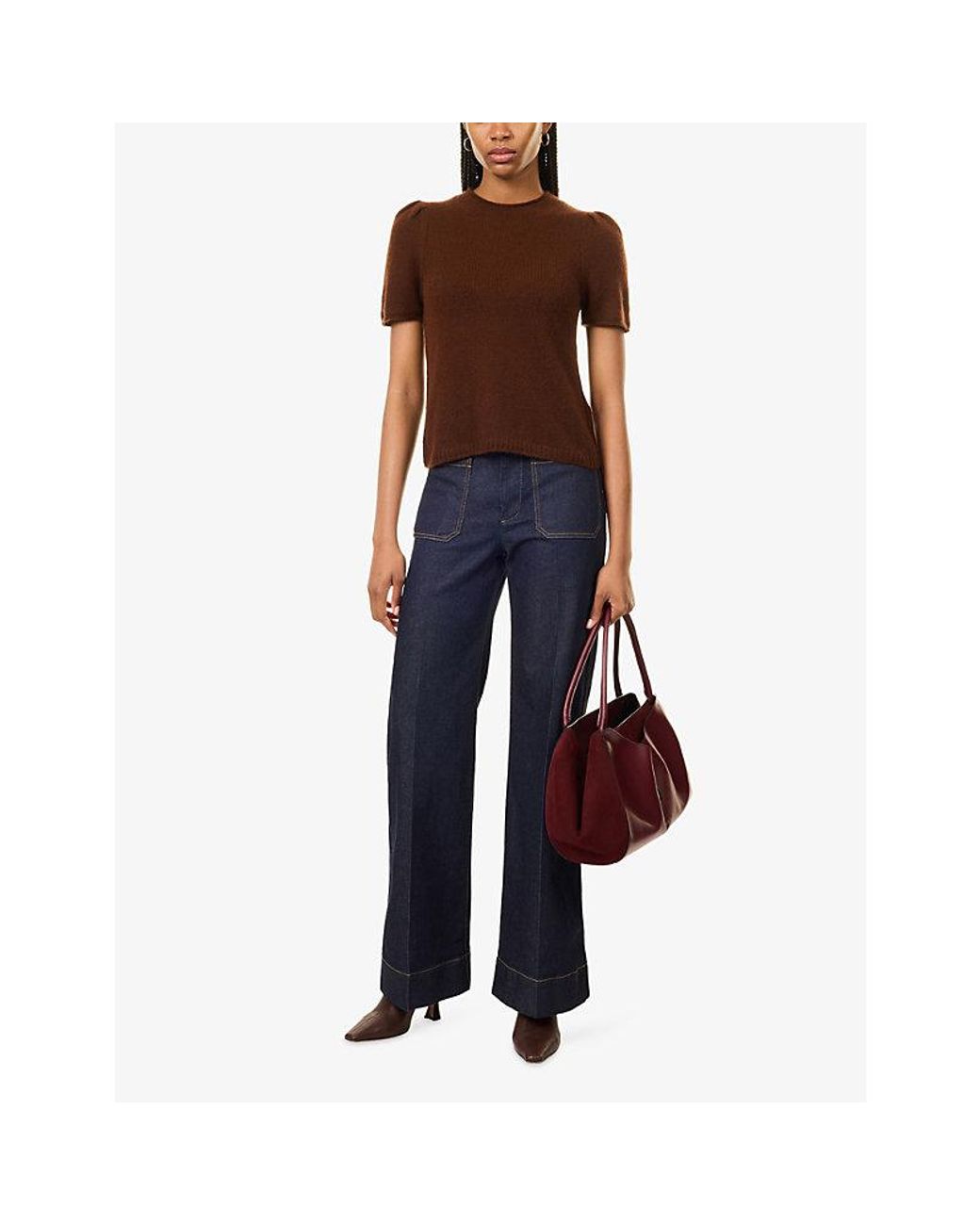 ME+EM Brown Pouf-Sleeve Wool And Cashmere Blend Top