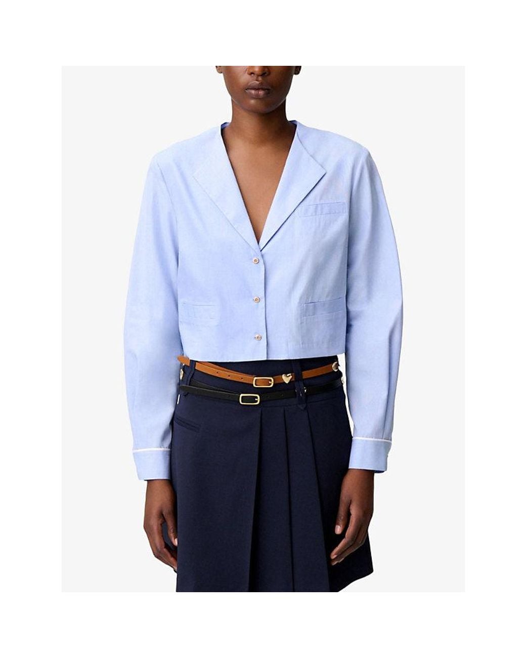 Claudie Pierlot Blue Long-Sleeved Cropped Cotton-Poplin Shirt