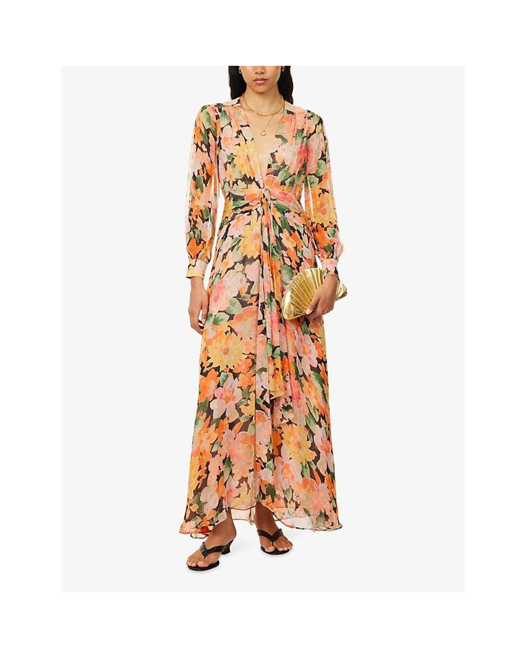 Rixo Metallic Meera Floral-Print Woven Maxi Dress