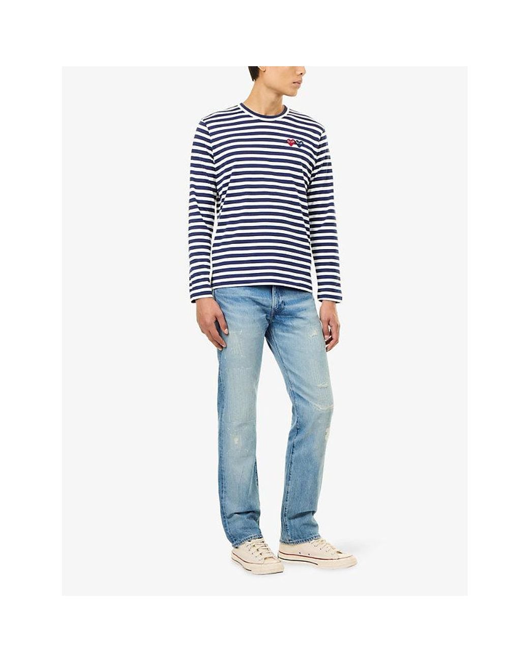 COMME DES GARÇONS PLAY Blue Double Heart Stripe Long-Sleeve Cotton-Jersey T-Shirt for men