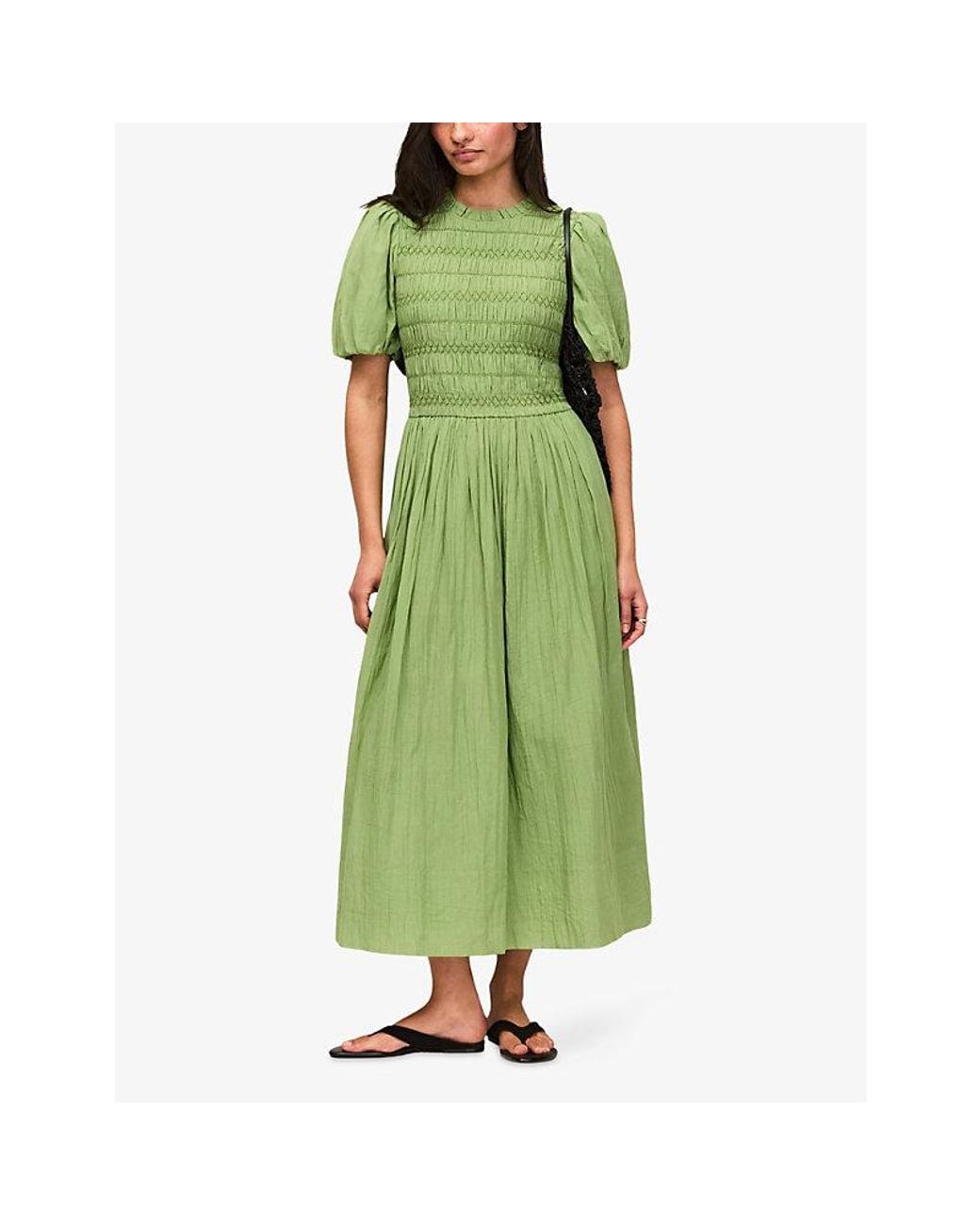 Ro&zo Green Shirred-Bodice Puff-Sleeve Cotton-Blend Midi Dress