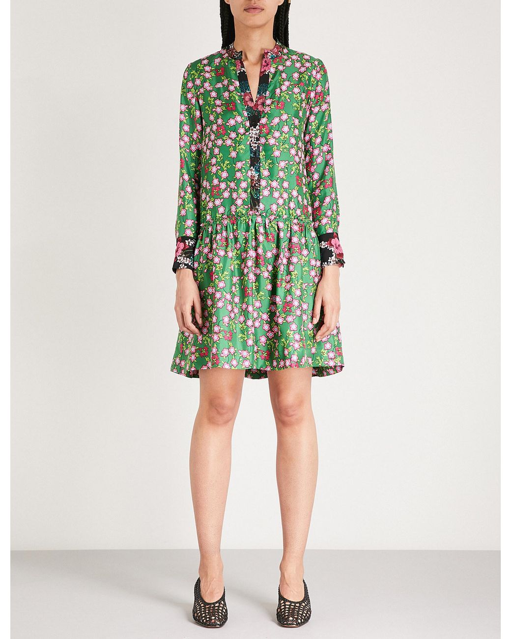 Sandro Floral-print Silk-twill Dress in Green | Lyst