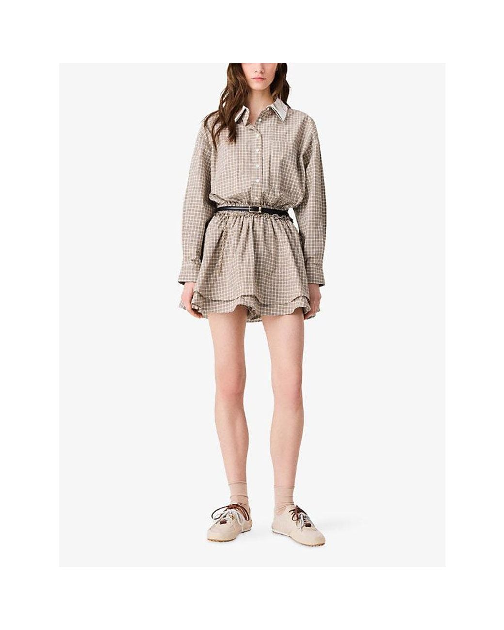 Maje Brown Checked Rhinestone-Embellished Cotton Mini Dress
