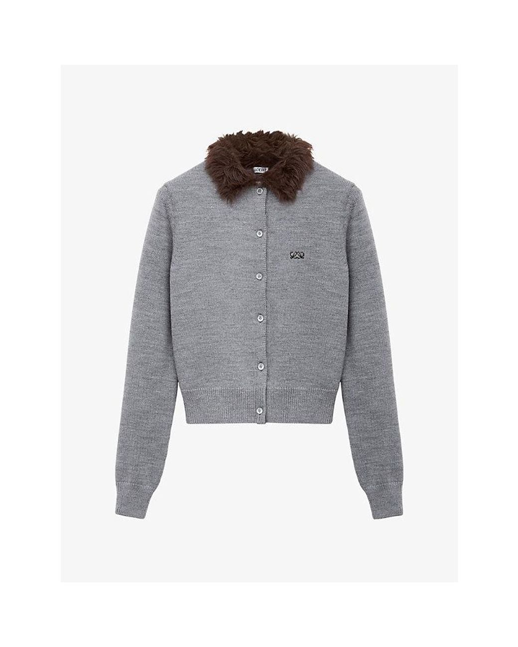 Loewe Gray Hairy-Collar Wool Knit Cardigan