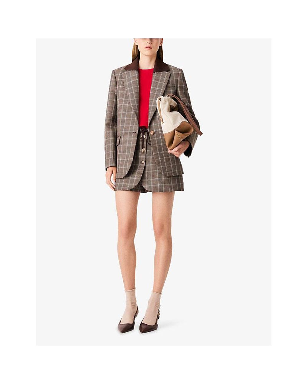 Maje Brown Checked Single-Breasted Wool-Blend Jacket