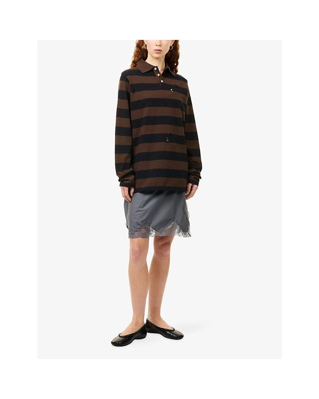GIMAGUAS Black Striped Distressed Cotton Polo Top