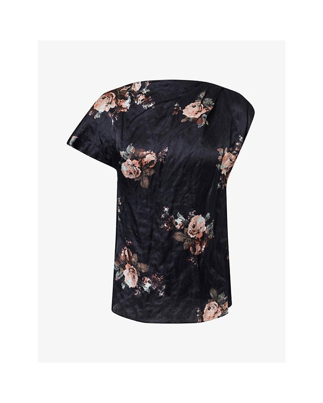 Erdem Black Floral-Print Asymmetric Satin Top