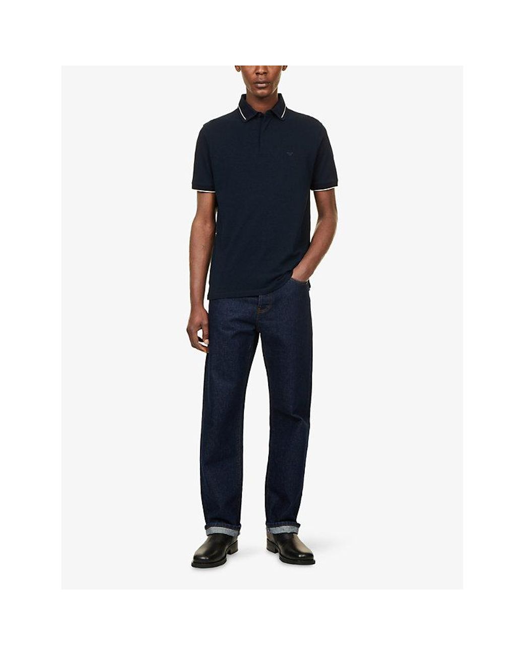 Emporio Armani Blue Contrast-Trim Pique Cotton Polo Shirt for men