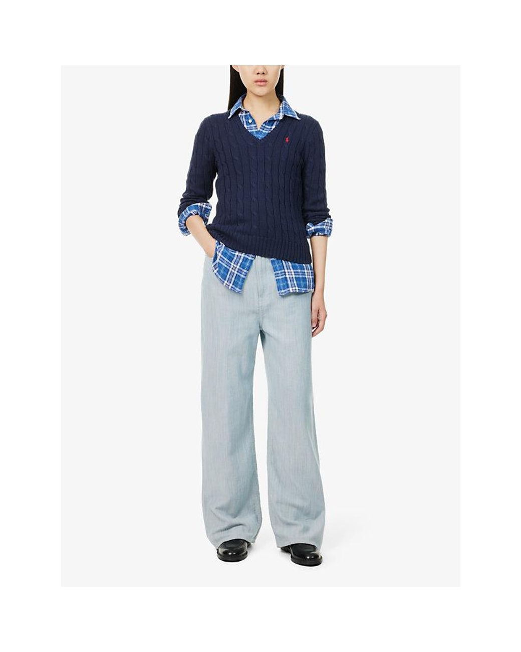 Polo Ralph Lauren Blue V-Neck Logo-Embroidery Cotton-Knit Jumper