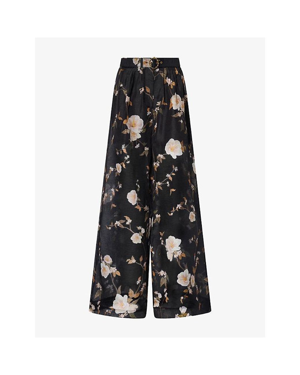 Zimmermann Black Ascent Pleat Floral Silk-Linen Trousers