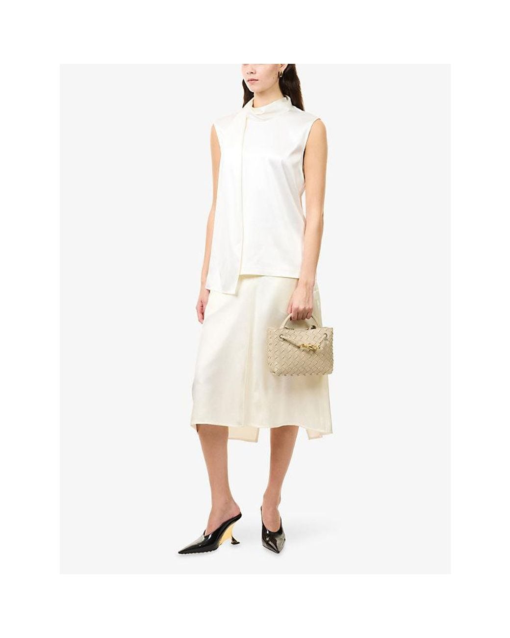 Bottega Veneta Natural A-Line Satin Midi Skirt