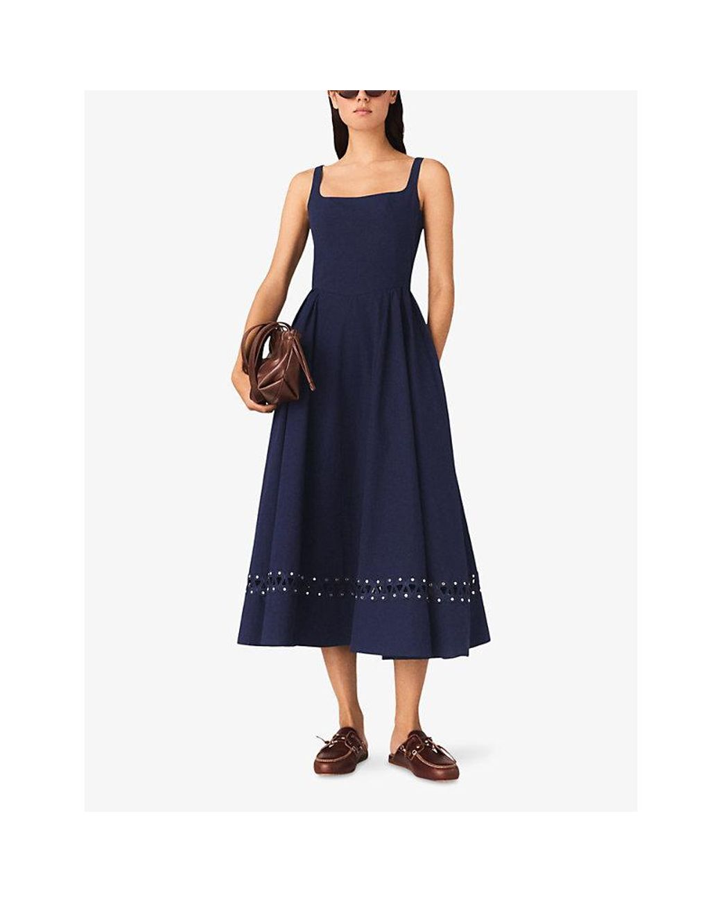 Maje Blue Flared Square-Neck Stretch-Cotton Midi Dress