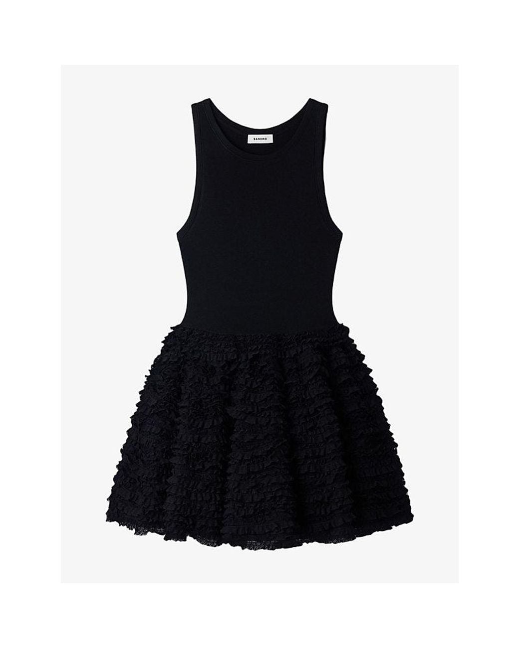Sandro Black Dua Ruffled-Skirt Knitted Mini Dress