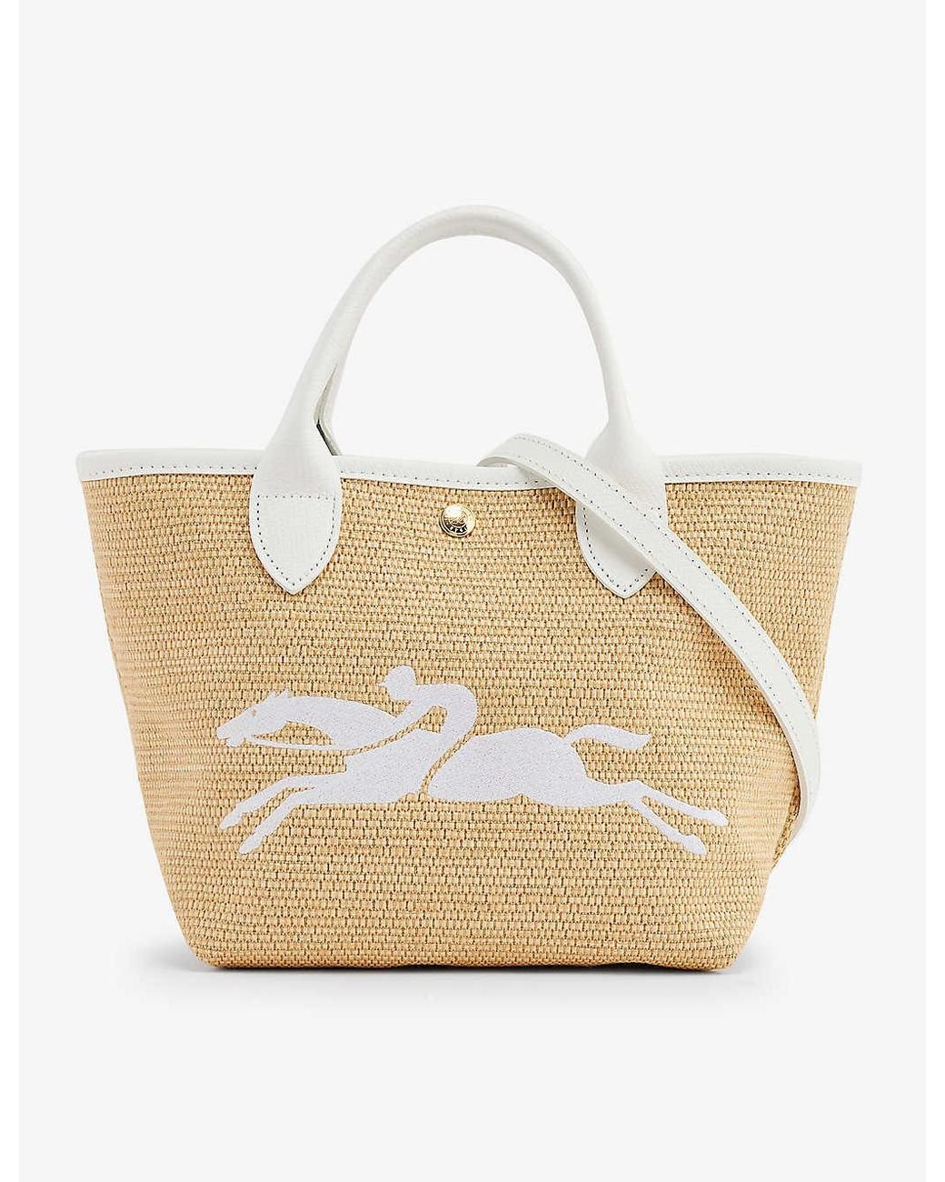 Longchamp Logo-embroidered Straw And Leather Top-handle Bag in White | Lyst