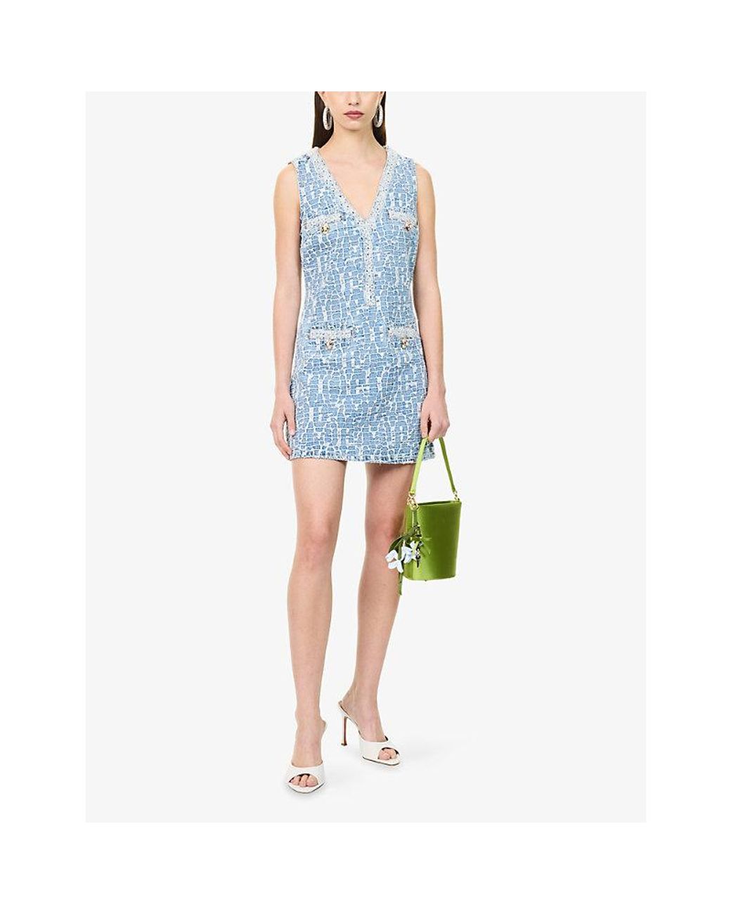 Self-Portrait Blue Bead-Embellished Mosaic Denim Mini Dress