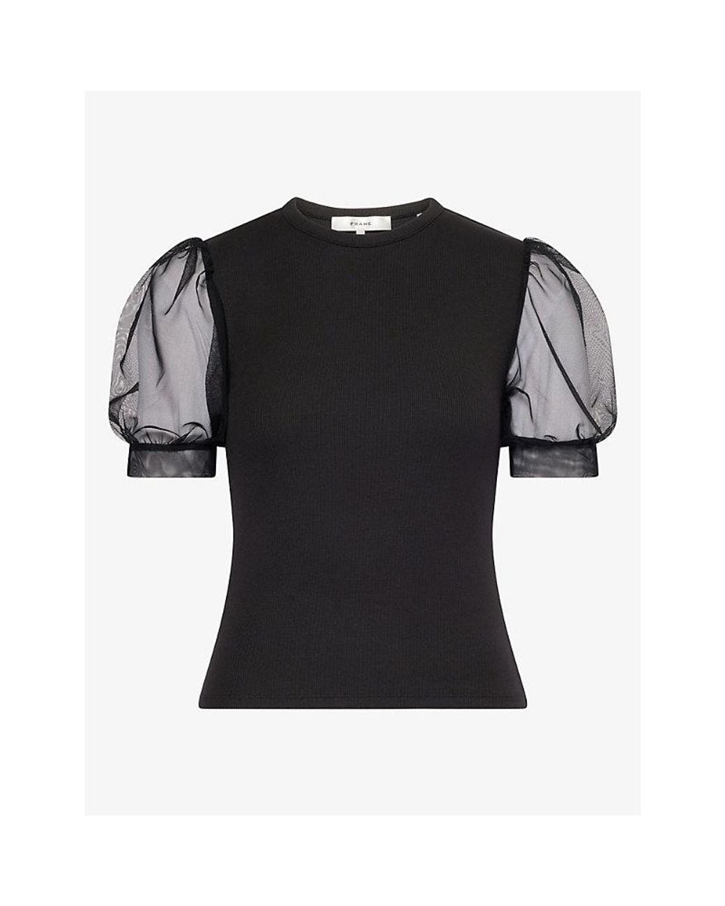 FRAME Black Tulle-Sleeve Stretch-Woven Top