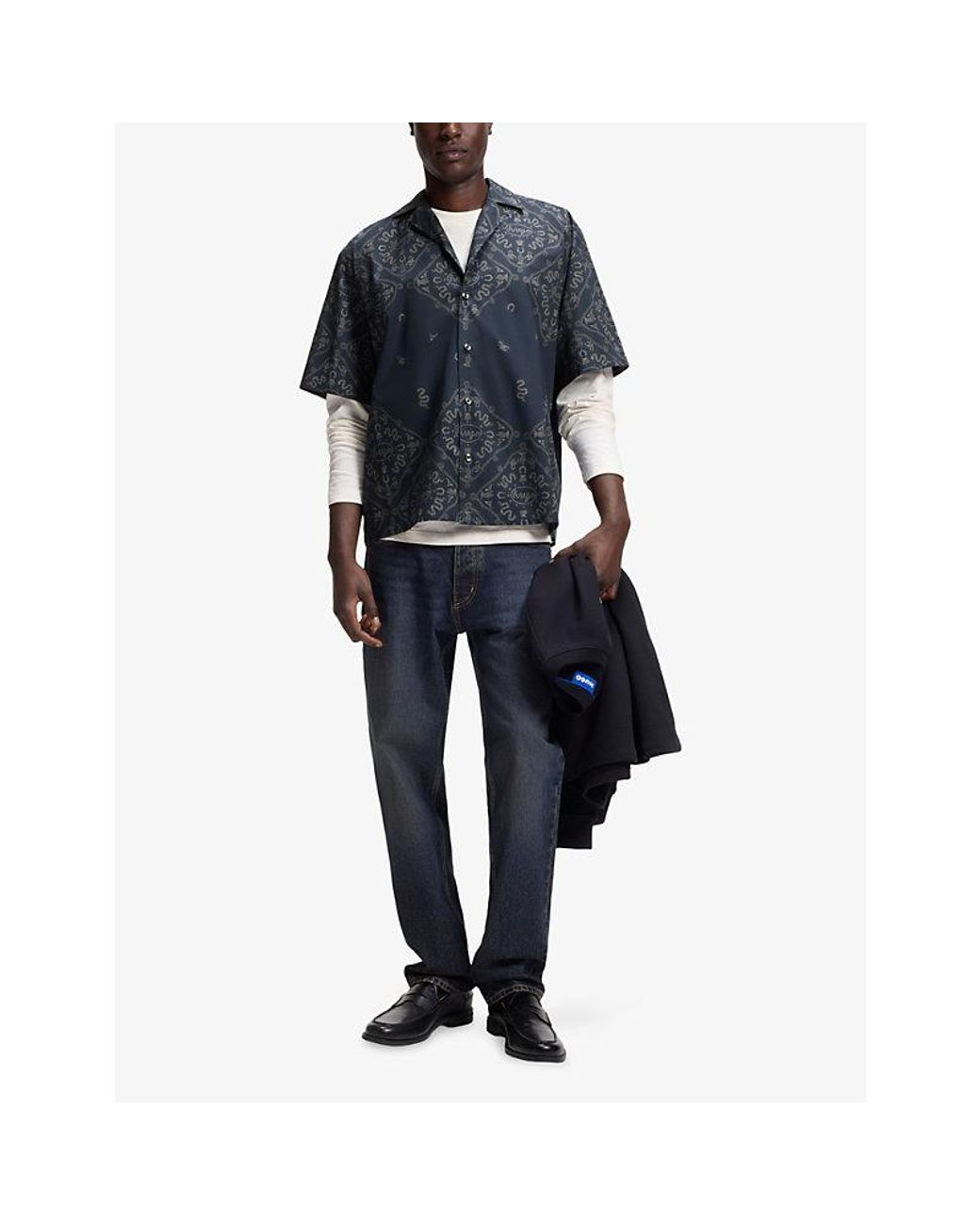 HUGO Blue Branded-Print Short-Sleeved Cotton-Poplin Shirt for men