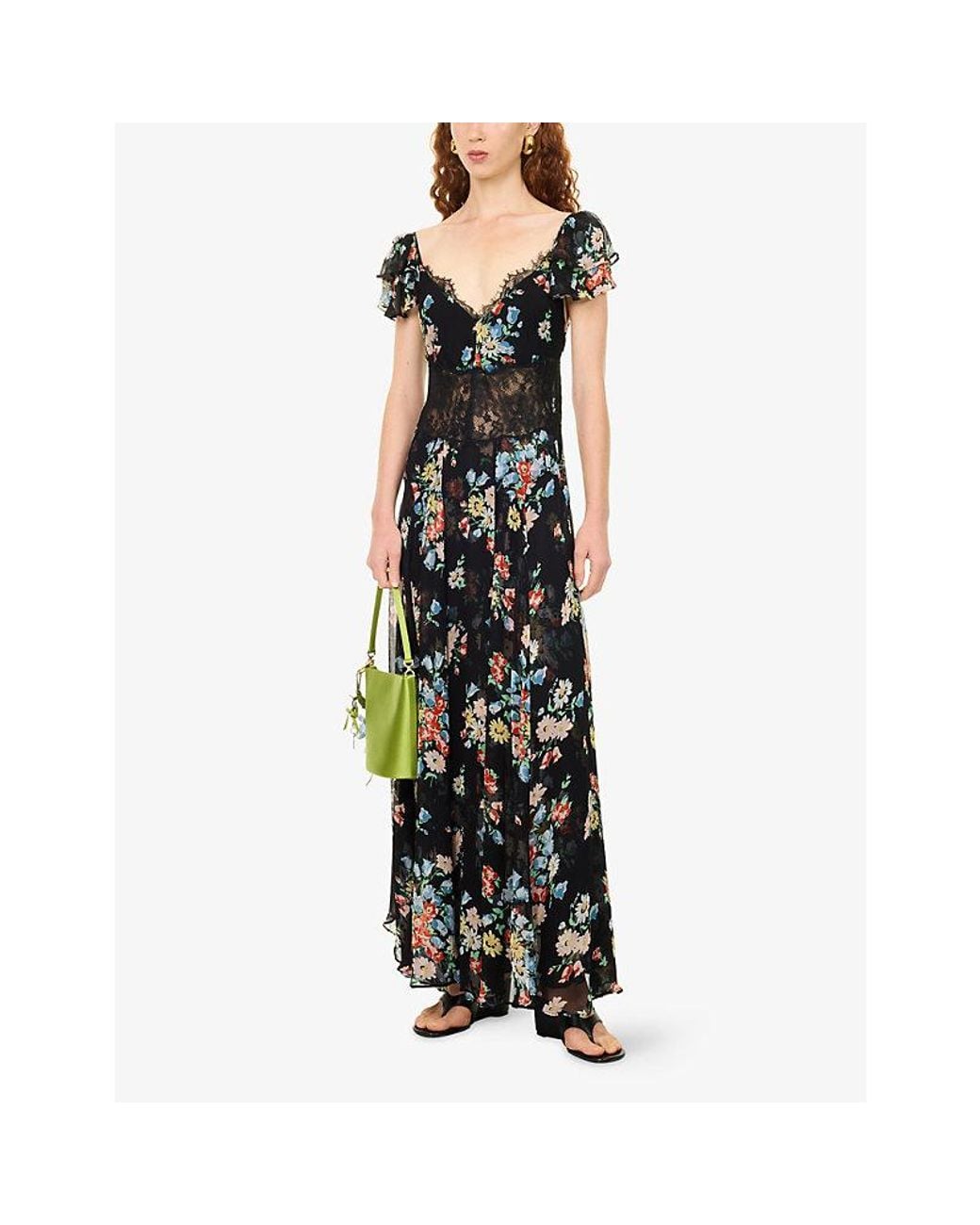 Rixo Black Carina Floral Chiffon Maxi Dress