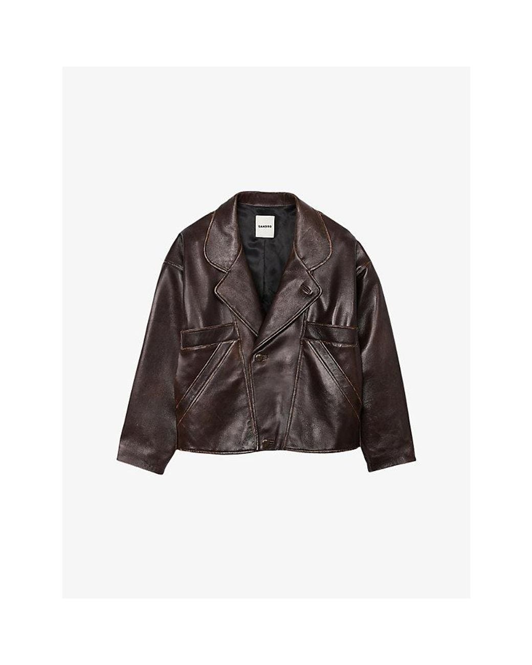 Sandro Brown Oversized-Collar Relaxed-Fit Leather Jacket