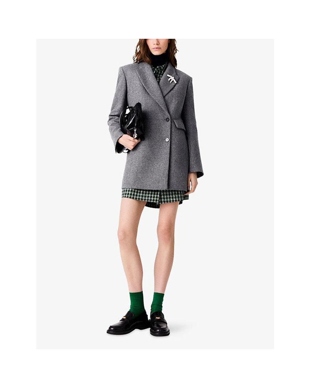 Maje Gray Double-Breasted Longline Wool-Blend Coat