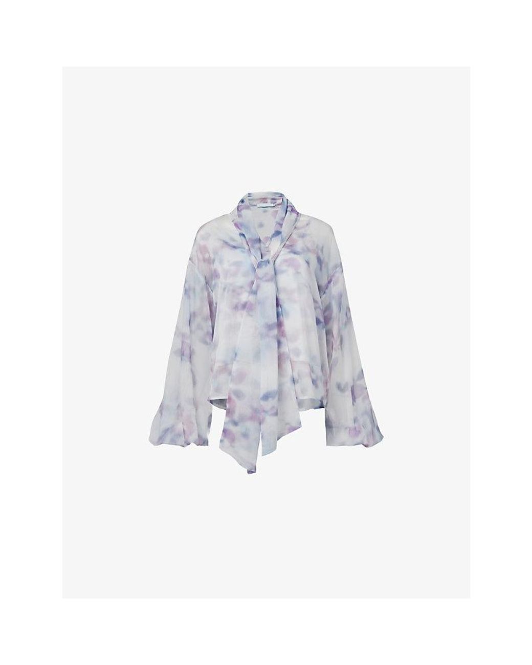 eem Blue Floral-Print Tie-Neck Chiffon Blouse