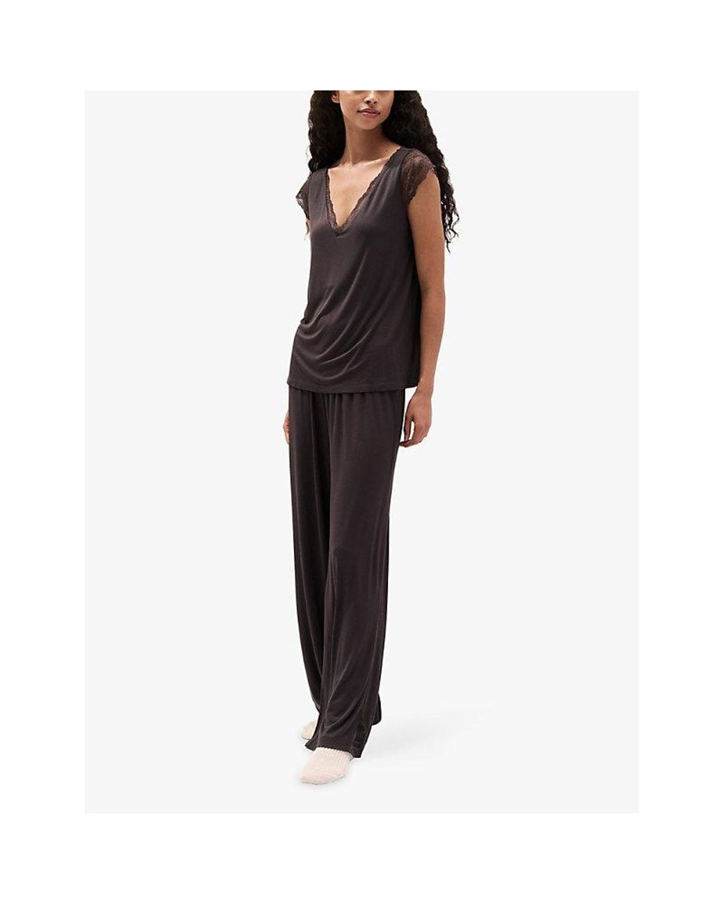 The White Company Black V-Neck Lace-Trim Jersey Pyjama Set