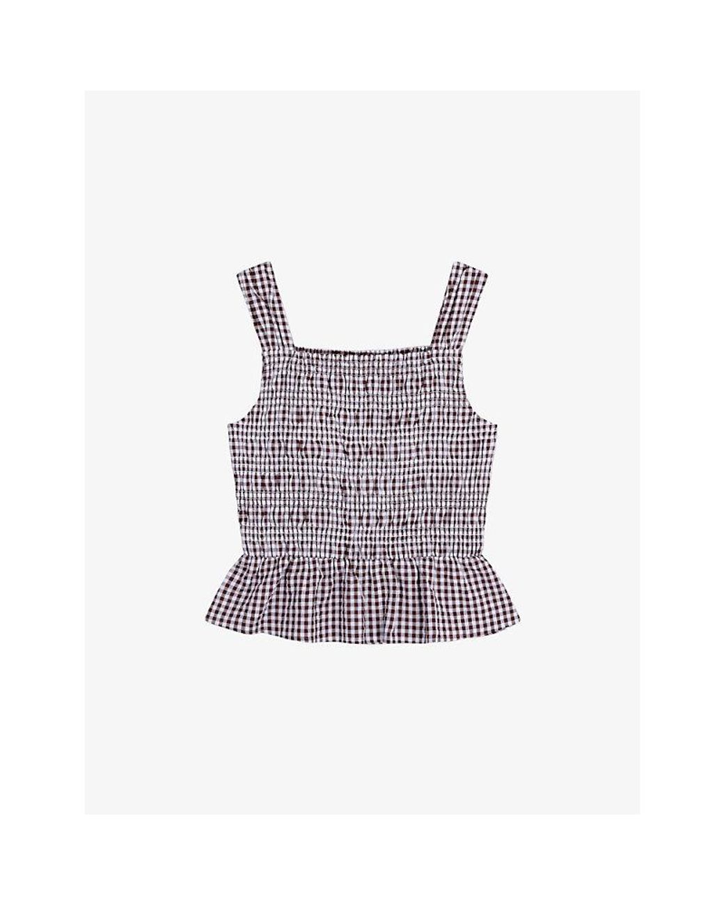 OMNES Purple Rain Gingham-Print Shirred Cotton Top
