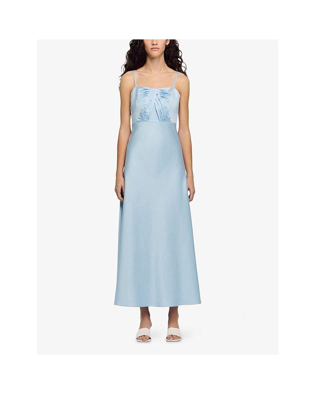 Sandro Blue Bow Square-Neck Satin Maxi Dress