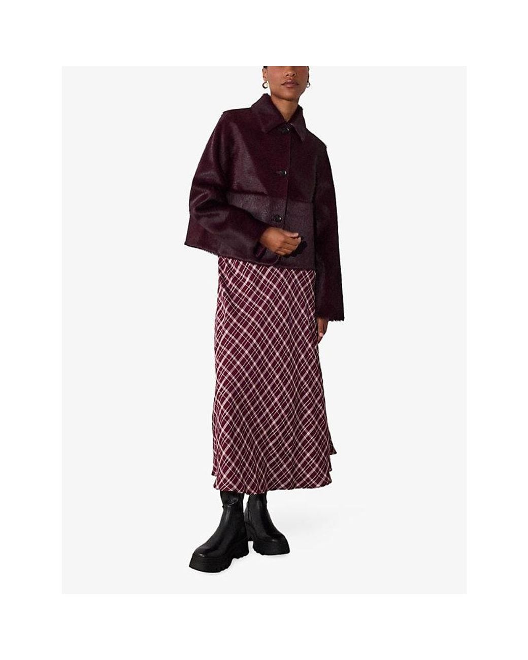 Whistles Red Checked Long-Sleeve Woven Midi Dress
