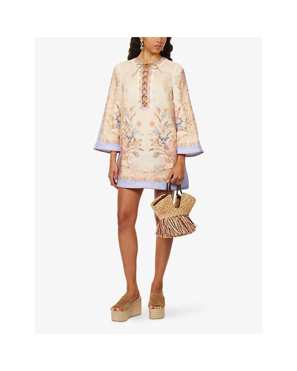 Zimmermann Natural Indra Floral-Print Linen Tunic Mini Dress