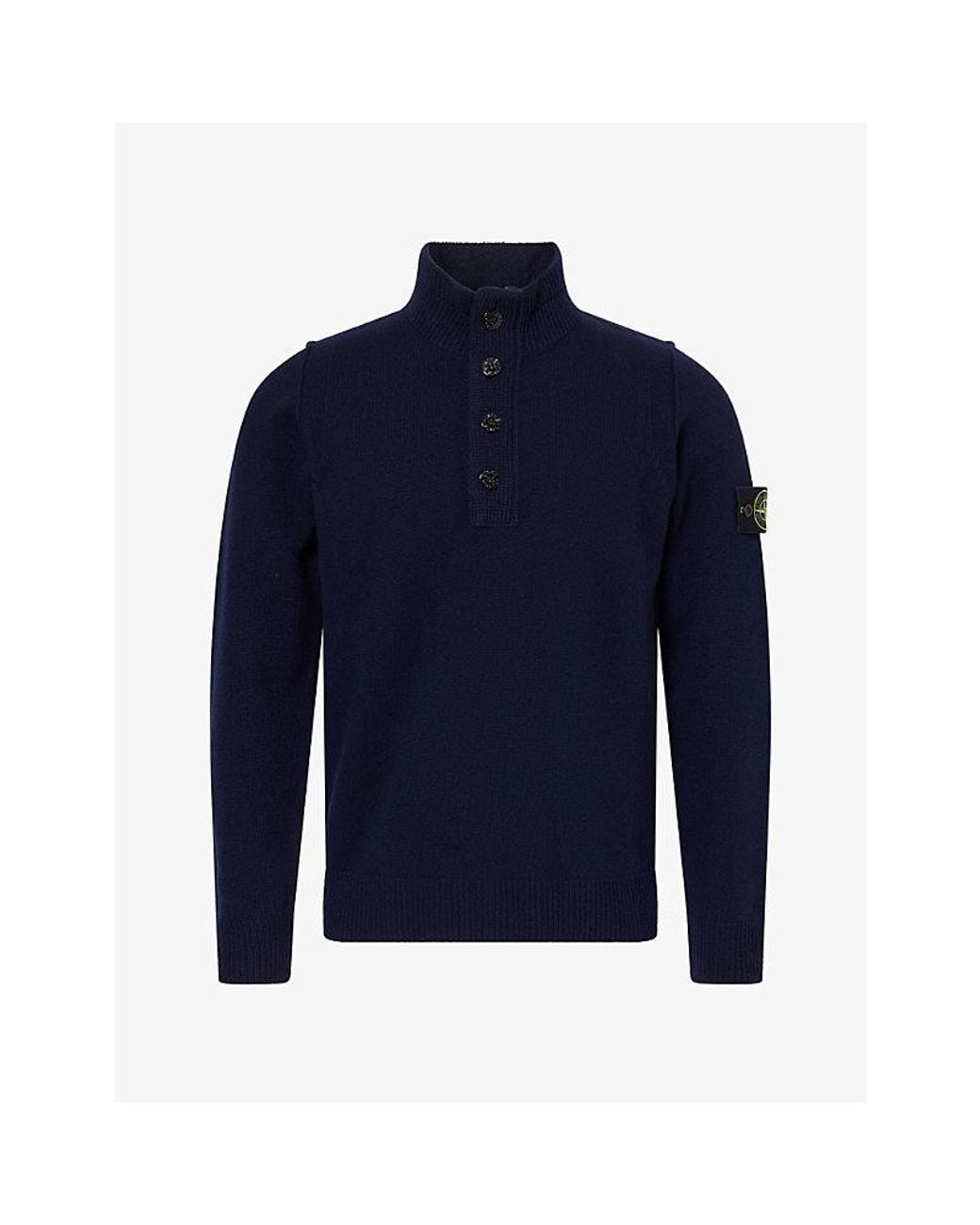 Stone Island Blue Button-Placket Lambswool Knit Jumper for men
