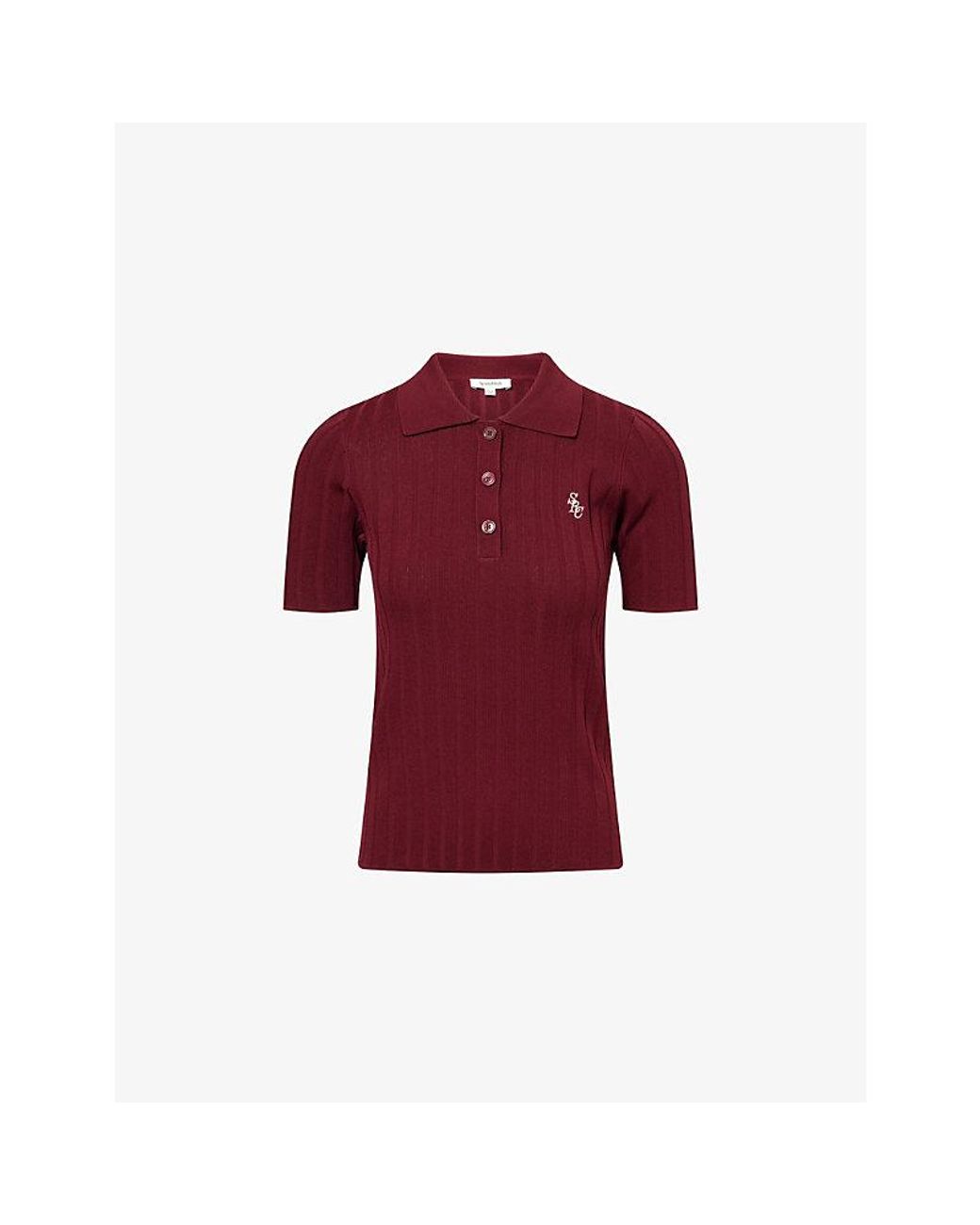 Sporty & Rich Red Brand-Logo Ribbed Woven Polo Top