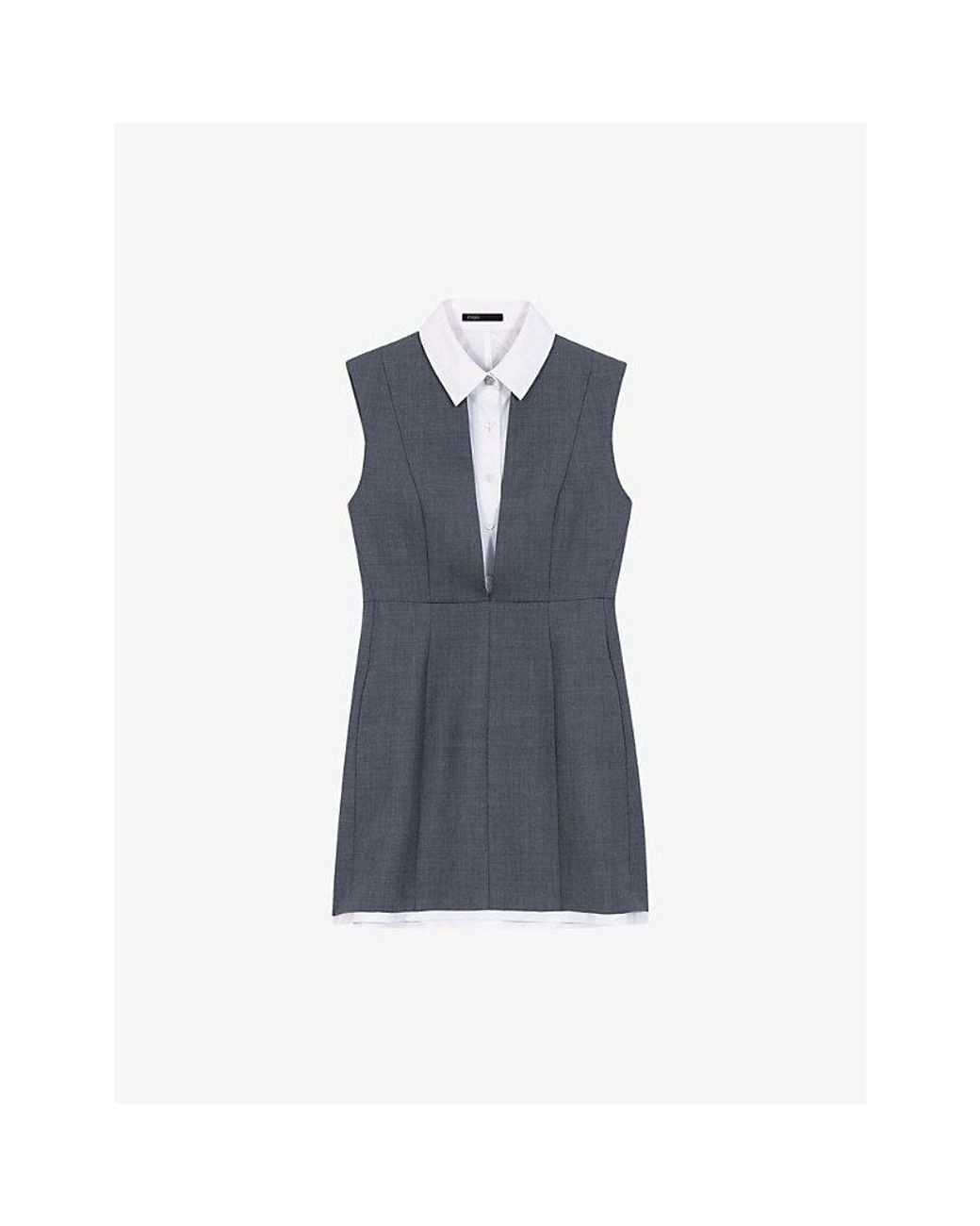 Maje Blue Layered-Effect Sleeveless Tailored Wool-Blend Mini Dress