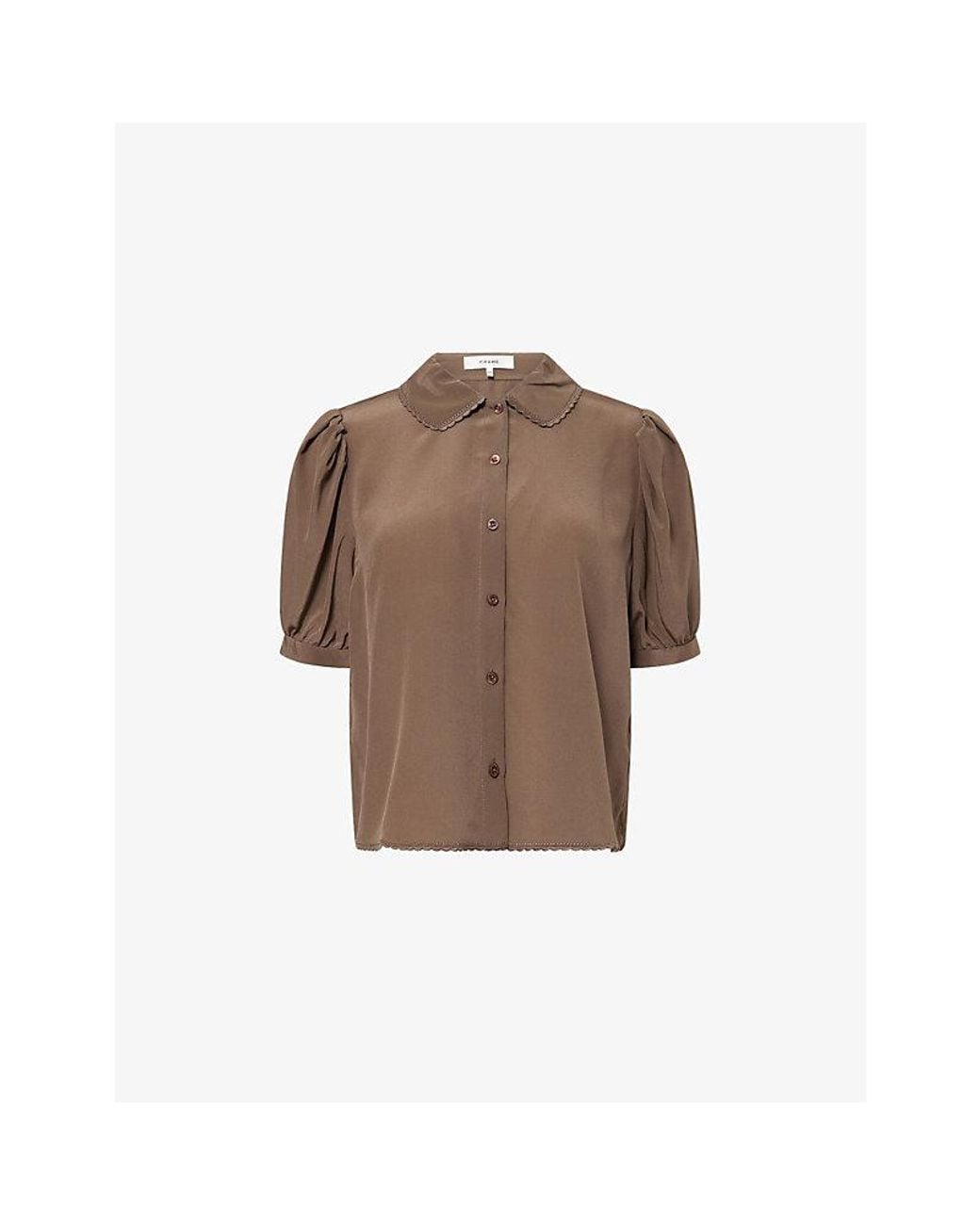 FRAME Brown The Prim Scalloped-Edge Silk Blouse