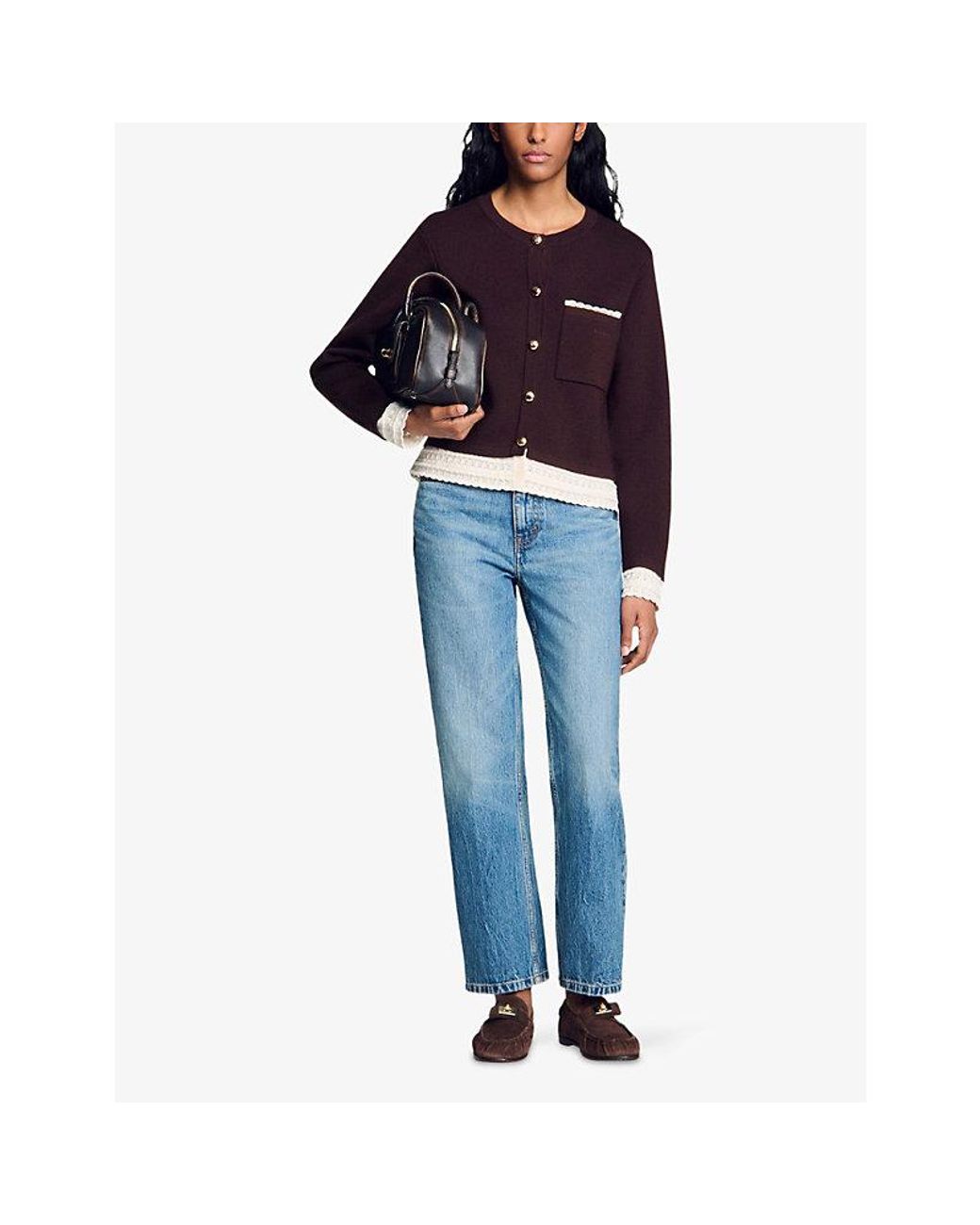 Sandro Purple Lace-Trim Wool-Blend Cardigan
