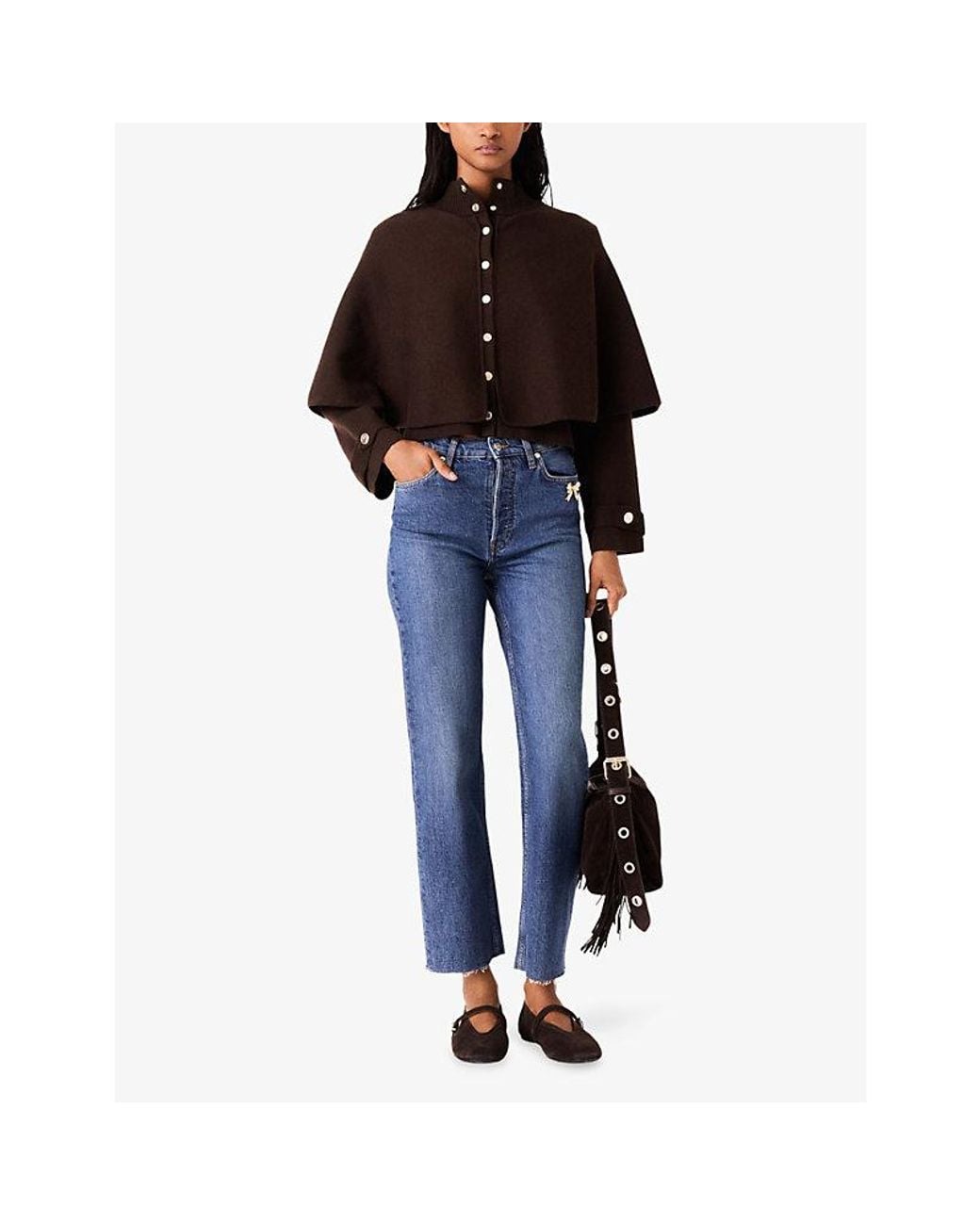 Maje Black Cape High-Neck Wool-Blend Cardigan