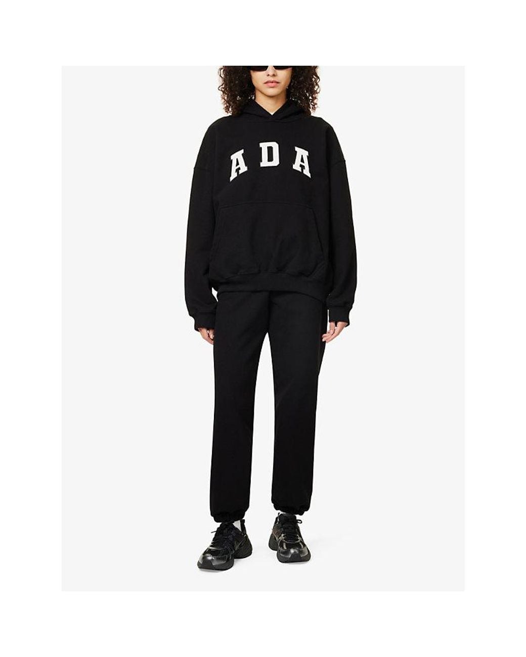ADANOLA Black Oversized-Fit Logo-Embroidered Cotton Hoody