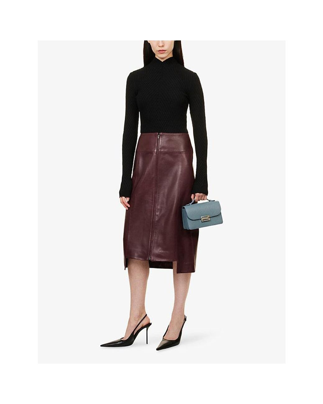 Victoria Beckham Purple High-Waist Staggered-Hem Leather Midi Skirt