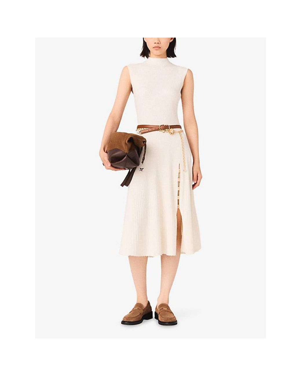 Maje White Ribbed High-Neck Stretch-Knit Midi Dress