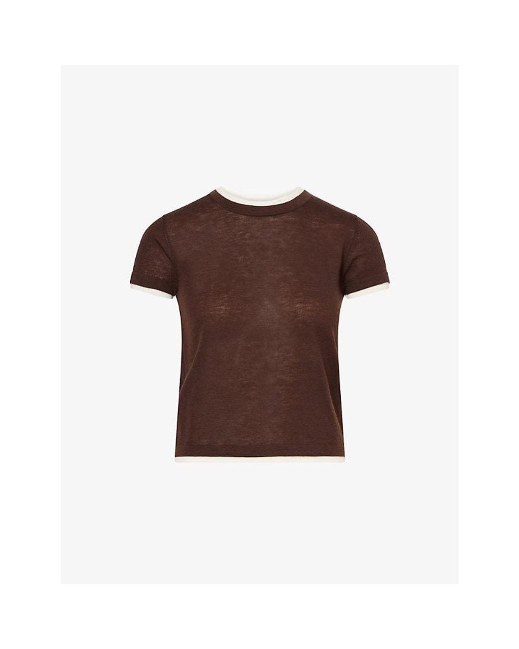 ME+EM Brown Barely There Contrast-Trim Merino Wool-Blend Top