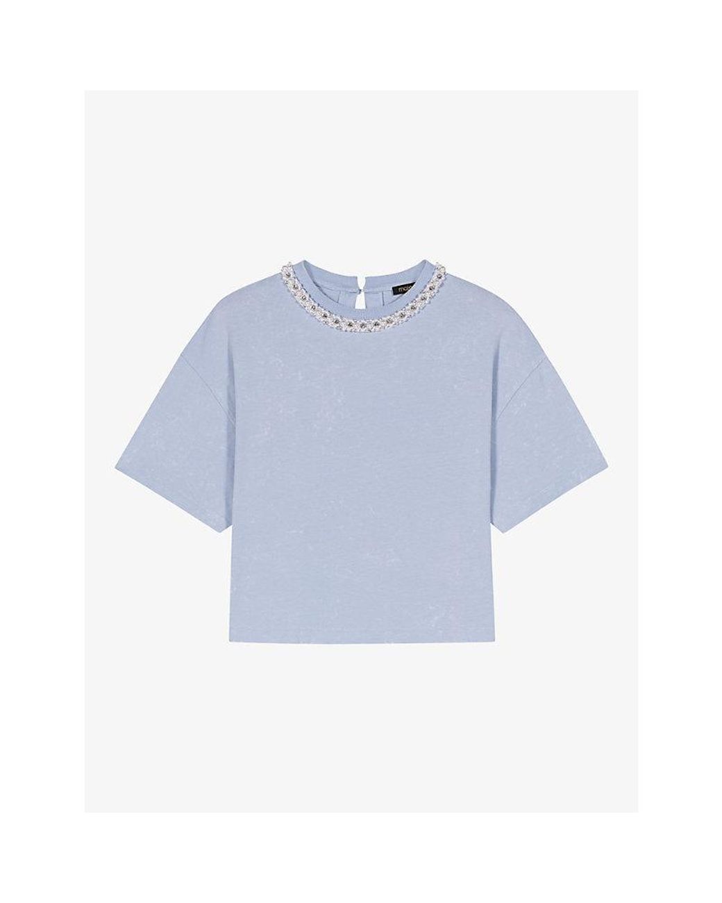 Maje Blue Necklace-Embellished Short-Sleeved Cotton-Jersey T-Shirt