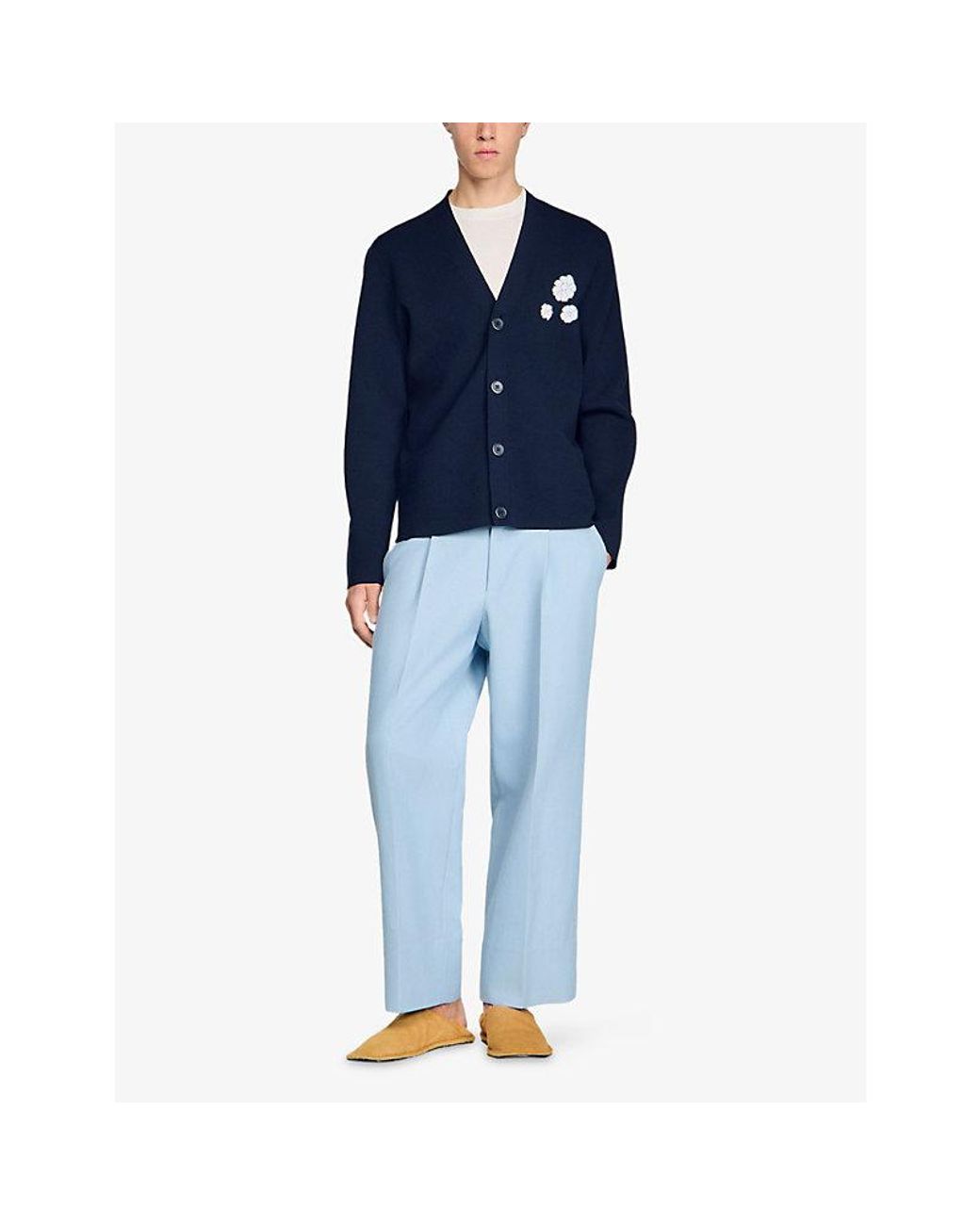 Sandro Blue Flower-Embroidered Button-Down Wool-Blend Cardigan for men