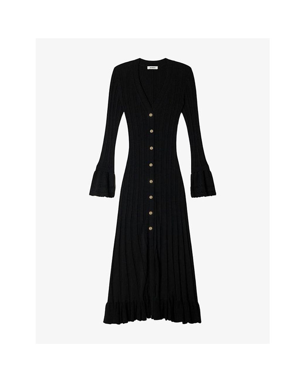 Sandro Black Ruffle-Trim Knitted Maxi Dress