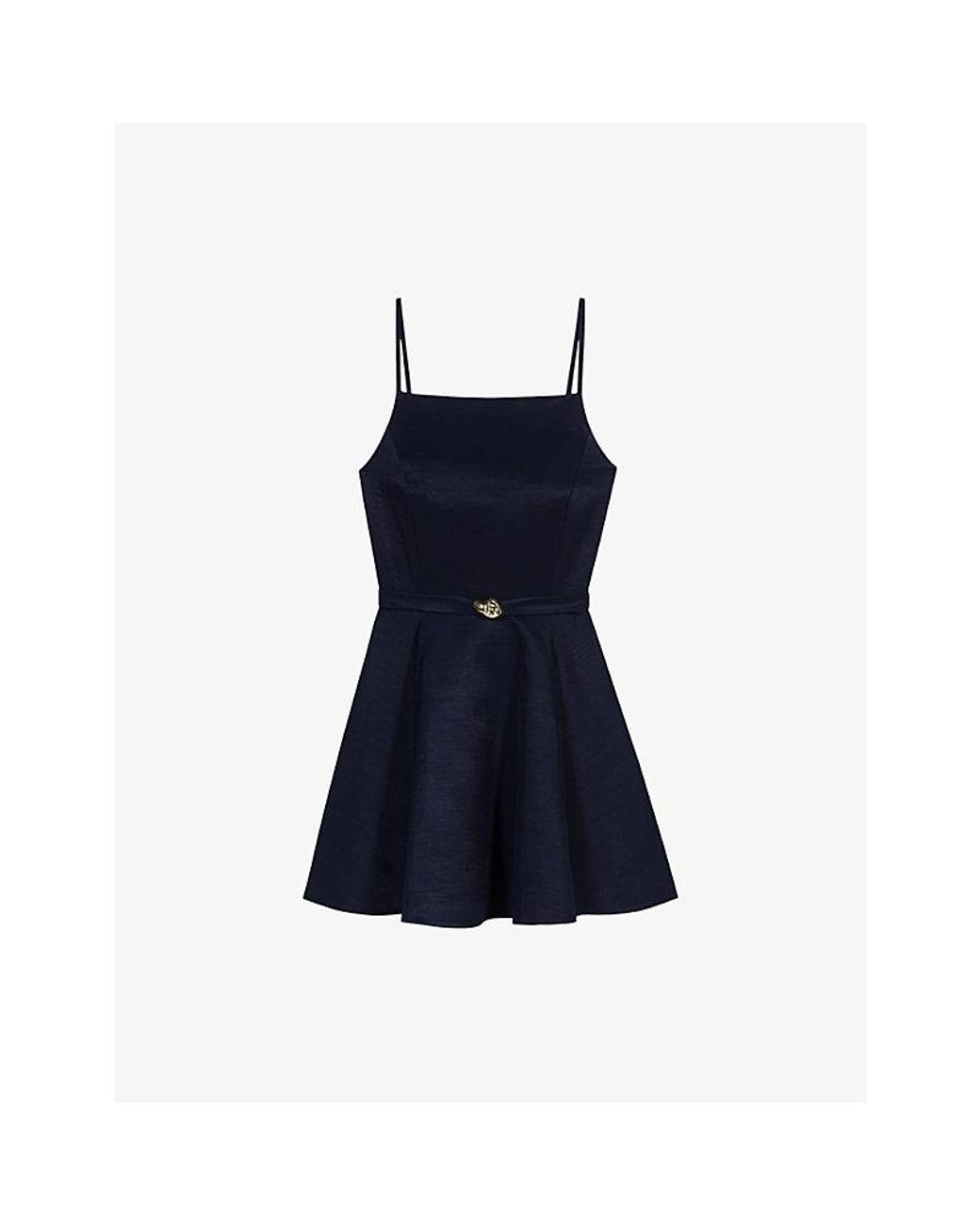 Maje Blue Square-Neck Belted Woven Mini Dress