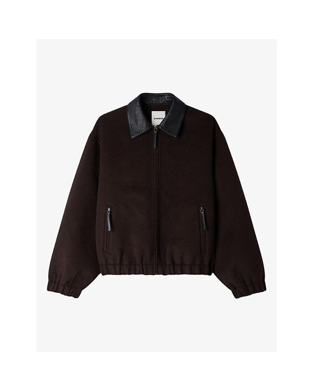 Sandro Black Leather-Collar Double-Face Wool Coat