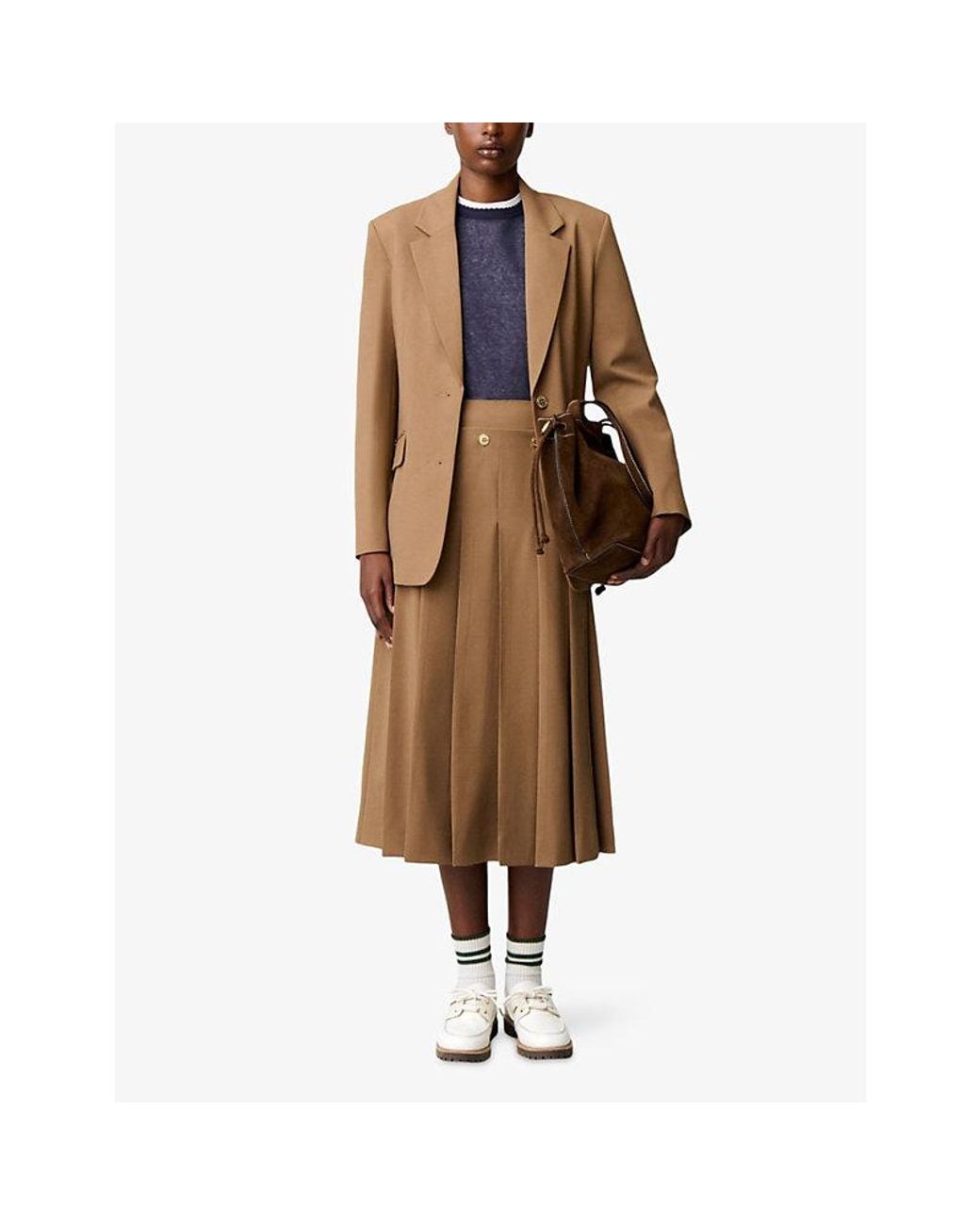 Claudie Pierlot Brown Button-Embellished Pleated Wool-Blend Midi Skirt